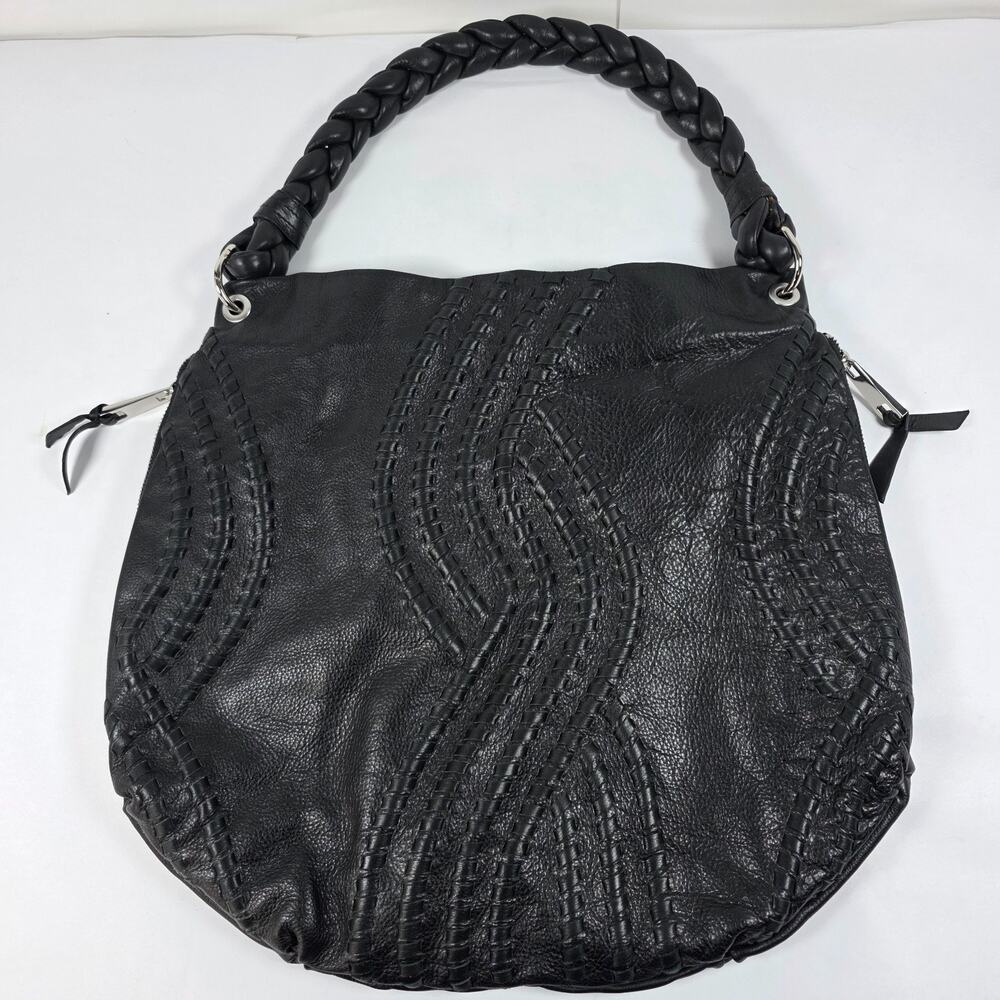KENAR Black Leather Hobo Shoulder Bag Braided Handle Woven Trim Large Purse